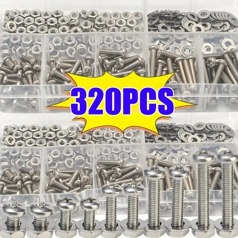 Furniture Hardware Kit - ชุดน็อตหกเหลี่ยมและสลักเกลียว 320 ชิ้น M2-M5 ชุดอุปกรณ์ฮาร์ดแวร์อเนกประสงค์ทนทานสำหรับงาน DIY